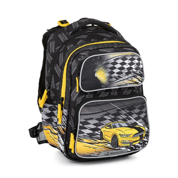 Dwukomorowy plecak szkolny z odpinanym pasem biodrowym  - żółte auto
