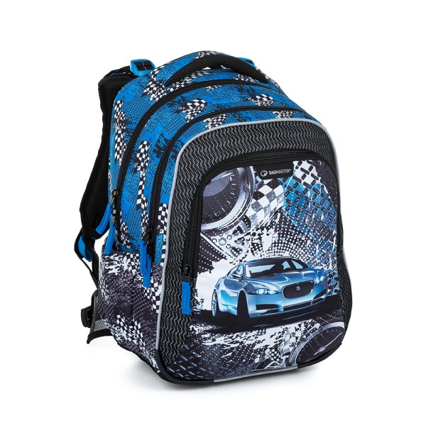 Trzykomorowy plecak szkolny z odpinanym pasem biodrowym - niebieski samochód